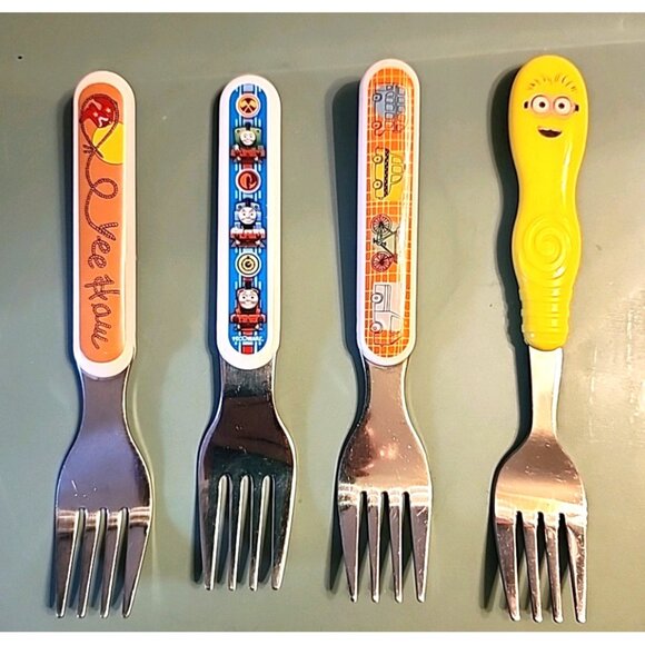 4 Toddler Forks Stainless Feeding Utensils Thomas Minion Cowboy Car Truck - Picture 1 of 11